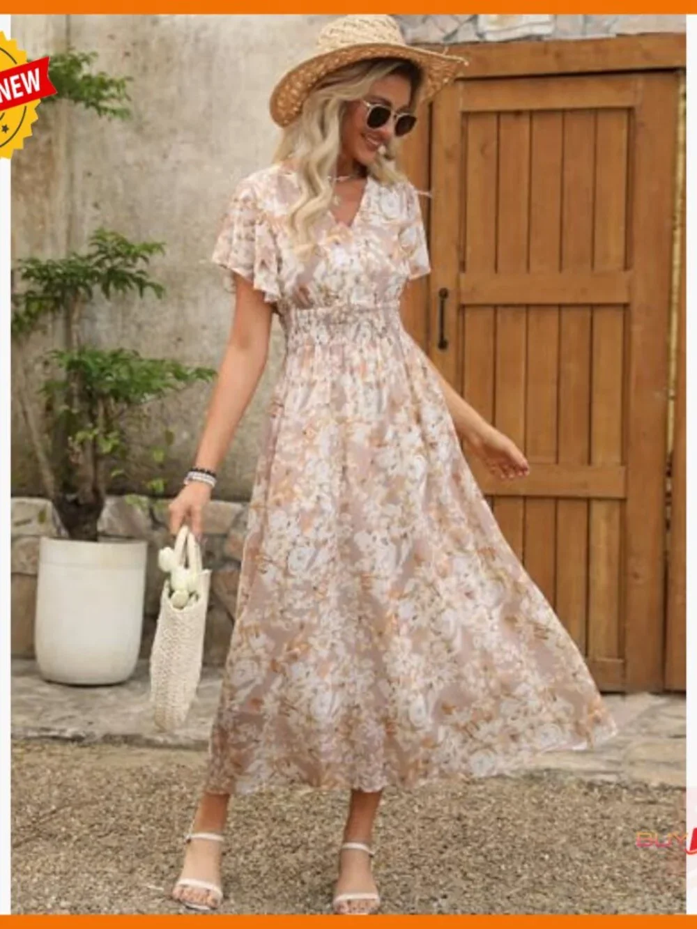 Summer Floral Maxi Dress V Neck Short Sleeve Chiffon Boho Beach Wedding Guest - Picture 4 of 7